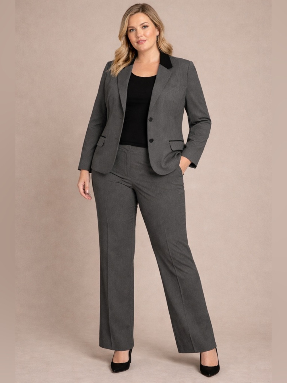 Ladies Grey Two-Piece Blazer and Trouser Suit